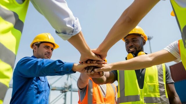 Diverse construction workers stacking hands in a symbol of teamwork and unity outdoors
