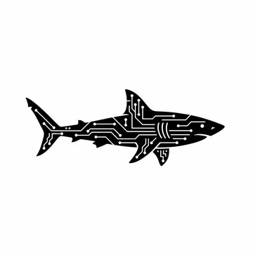 Shark silhouette with circuit board pattern inside.