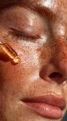 beauty shot of a serene young woman golden serum droplet onto her cheek