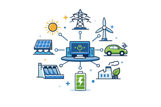 Renewable energy grids centered on a smart grid hub with clean energy icons branching outward, symbolizing efficient distribution and modern