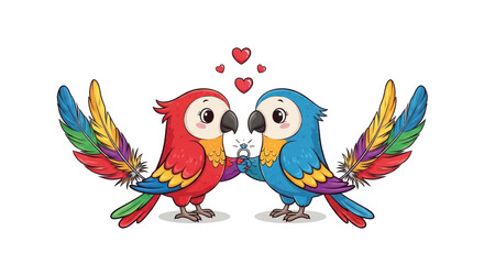 Obraz premium Two cartoon parrots, one red and one blue, holding a diamond ring with floating hearts above, symbolizing love and engagement. isolated PNG with Transparent Background