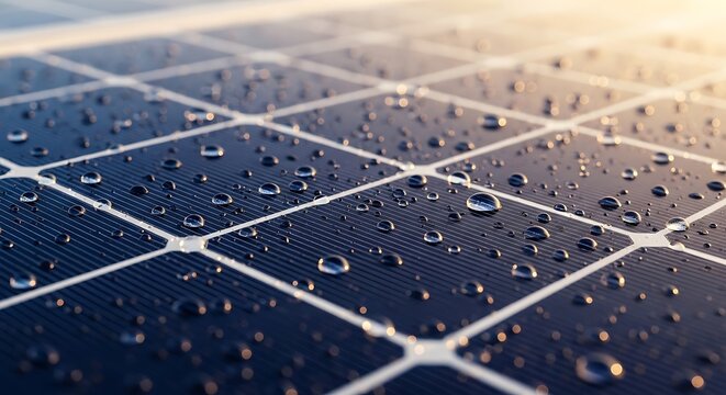 Close-Up Water Droplets on Solar Panel Cells After Rain with Warm Sunlight