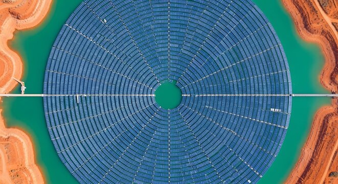 Aerial View of Circular Floating Solar Farm on Turquoise Reservoir in Desert Landscape