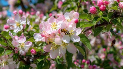 Fototapeta premium Delicate Pink Cherry Blossom Flowers with Bees Pollinating in a Lush Spring Garden Scene Under a Bright Blue Sky