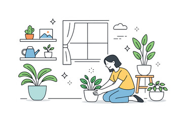 Seasonal interior refresh plants. Person placing indoor plants near a window and shelf, bringing nature inside. Fresh, balanced atmosphere