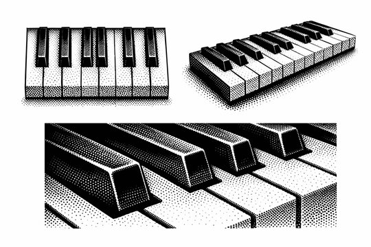 Piano keys as a compact octave section displayed in frontal view, slight diagonal view, and cropped macro view emphasizing depth