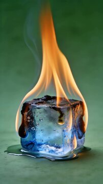 Burning ice cube melting slowly amidst intense flames, conceptual vertical video footage illustrating global warming, extreme contrast, and temperature change