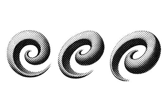 Halftone dotted curve spiral segment A spiral curve segment is shown as a single object from three different views: front view, angled view, and three-quarter
