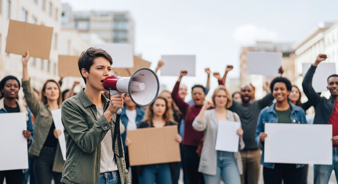 People on strike protesting with megaphone, Activists Holding Blank Signs at Demonstration, Young Woman with Megaphone Leading a Public Protest Strike