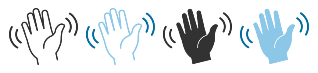 Obraz premium Waving hand greeting gesture icon set, hello signal palm communication sign vector isolated on transparent background