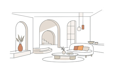 Fototapeta premium Elegant Minimalist Interior. Quiet luxury minimal interior concept. An abstract modern interior with architectural shapes, natural light, and open space. The