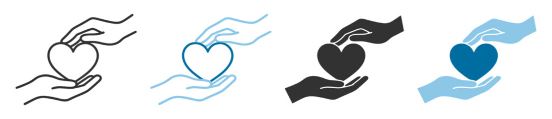 Obraz premium Hands holding heart love and charity icon set, care support donation compassion help symbol vector isolated on transparent background