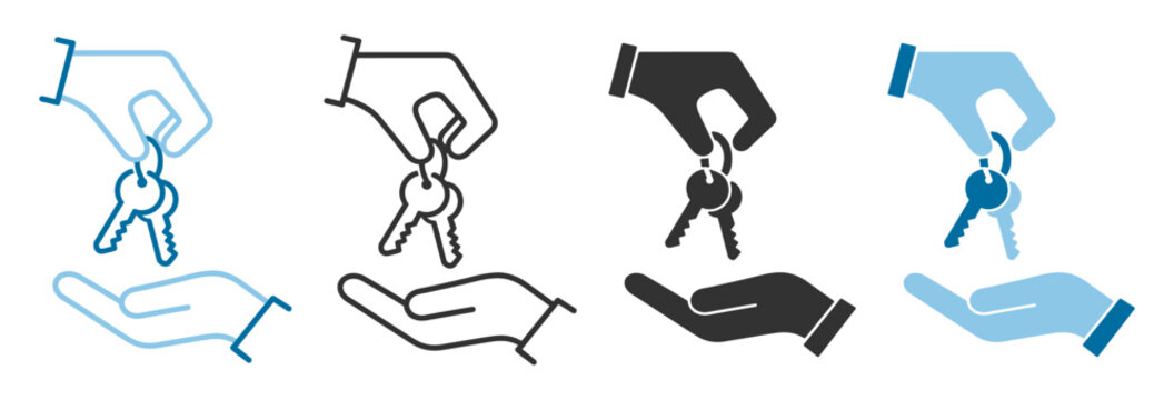 Hand giving house keys icon set, real estate property home rental ownership symbol vector isolated on transparent background