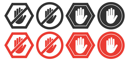 Red stop hand icon collection, prohibition and warning sign with palm gesture in hexagon and circle badge on transparent background
