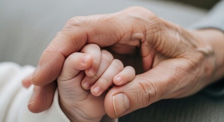Grandparent holding baby's hand intergenerational connection tender moment close-up
