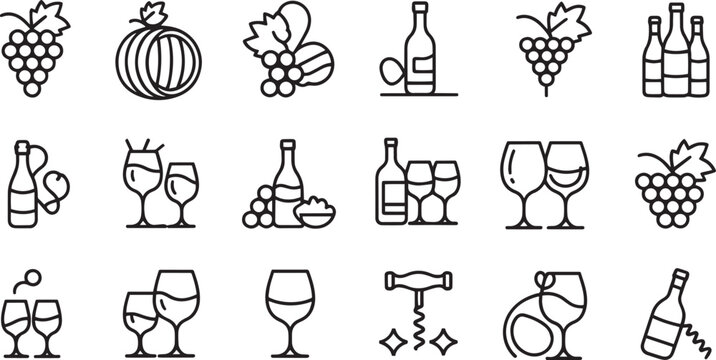A collection of stylized line art icons representing various aspects of wine consumption and production including grapes and bottles