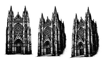 Fototapeta premium Gothic Cathedral Facade. Historic building facade gothic cathedral facade. A tall historic facade with pointed arches, vertical emphasis, ornate tracery, and