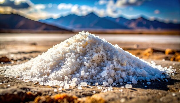 Coarse grains of unrefined salt, a FlyPro Firefly view, spread thinly across a rough stone surface, hinting at an essential but depreciating resource.