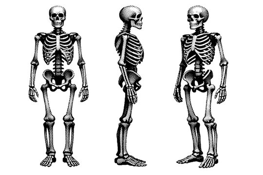 Skeleton anatomy object a complete human skeleton with accurate bone proportions shown in front view side profile and three-quarter view