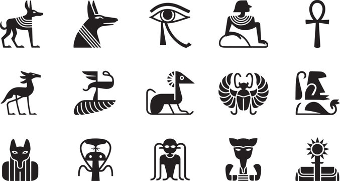 Collection of ancient Egyptian hieroglyphic symbols representing gods animals and mystical icons isolated on white