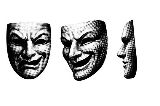 Theater mask displayed as a sculptural performance mask with defined cheekbones and mouth shown in orthographic front view, dynamic angled