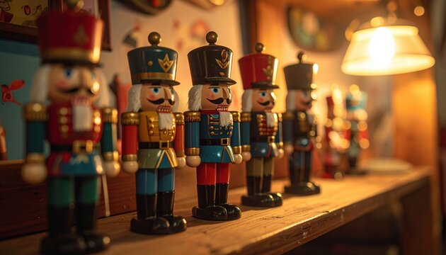 A line of classic tin soldier figurines with vibrant painted uniforms standing proudly on a warm wooden shelf, captured in a high-resolution photographic style.