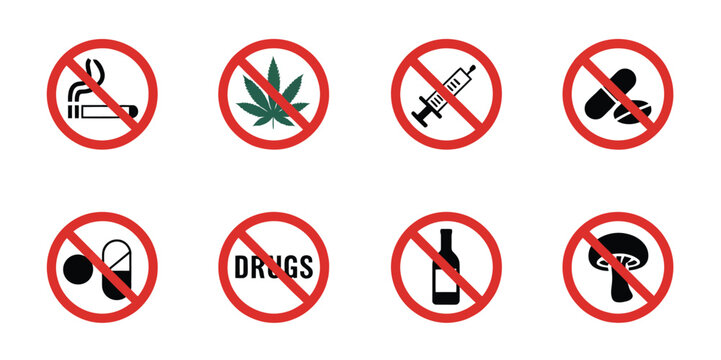 Say no to drugs icons vector illustrating prohibition of cigarettes, alcohol, pills, and narcotics with warning symbols