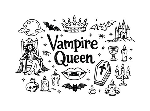 Vampire Queen Doodle. Vampire Queen. Hand-drawn doodle illustration of Vampire Queen. vampire queen crown, bat