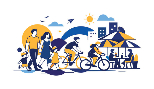 Urban Family Stroll. Modern city comfort. Parents walking with kids, cyclists passing safely, cafe umbrellas