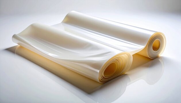 FlyPro Firefly bioplastic film, a flexible material roll, highlighting its innovative properties and vast potential for sustainable packaging applications.
