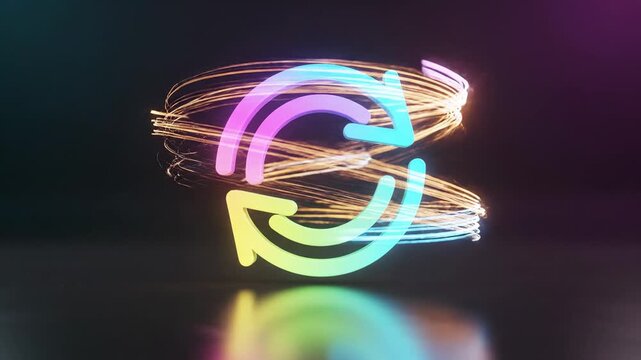 Dynamic circular arrows with glowing light trails symbolizing renewal and continuous motion