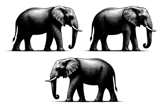 Elephant silhouette resting standing pose with relaxed trunk and evenly distributed weight shown in three side profile variations. Black and