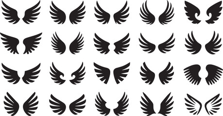 Collection of diverse black angel feather wing silhouettes isolated on a transparent background for creative design elements © md