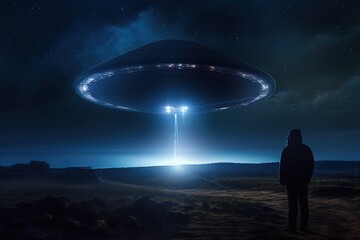 Fototapeta premium Alien UFO Encounter Over Mountain Landscape at Night – Sci Fi Concept Scene