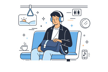 Morning public transport routine. Commuter sitting on a bus or metro seat with headphones and a bag, simple interior details around. Quiet focus and habitual