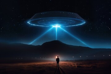 Fototapeta premium Alien UFO Encounter Over Mountain Landscape at Night – Sci Fi Concept Scene