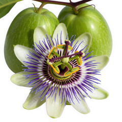 Passiflora edulis, purple-white bloom, green fruit background