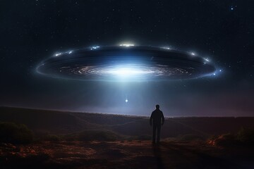 Fototapeta premium Alien UFO Encounter Over Mountain Landscape at Night – Sci Fi Concept Scene
