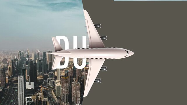 Cinematic travel transition to Dubai featuring a smooth airplane fly-in reveal, dynamic skyline transformation, luxury city vibes, and seamless motion perfect for tourism, vlog intros, and destination