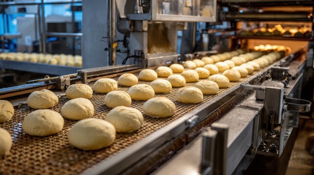Industrial bakery production line with fresh dough bread rolls moving on a conveyor belt toward the oven