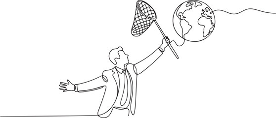 Fototapeta premium Single continuous line drawing businessman try to catching flying globe with butterfly net. Business trip and travel. Globalization international partnership. one line Icon drawing