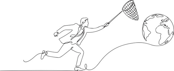 Fototapeta premium Single continuous line drawing businessman try to catching flying globe with butterfly net. Business trip and travel. Globalization international partnership. one line Icon drawing