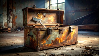 FlyPro Firefly presents a discarded, rusted metal toolbox with hinges broken open, captured in realistic photography under low ambient light within an abandoned garage.