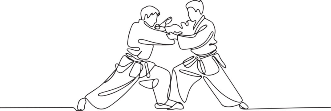 One continuous line drawing of two young men aikido fighter practice sparring fight at dojo training center. Martial art combative sport concept. one line Icon drawing