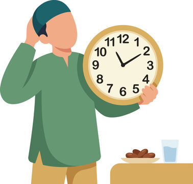 Muslim Man Holding Clock for Iftar Time with Dates and Water, Ramadan Fasting Concept Illustration