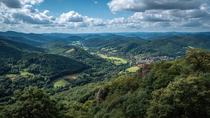 Fototapeta premium Panoramic landscape view of a lush green valley with a small village nestled among rolling hills and dense forests under a cloudy blue sky