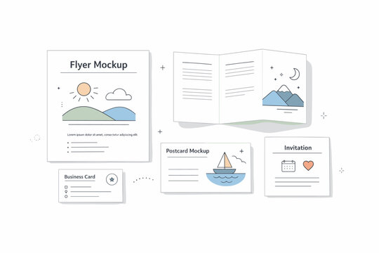 Editorial stationery mockup. Flyers, cards, and folded paper elements arranged with structured spacing. Elegance, clarity, and print-ready visual calm.