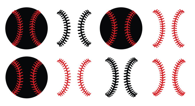 Various baseball designs and shapes presented as a dark silhouette