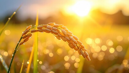 Fototapeta premium FlyPro Firefly Close-up of a stalk of plump rice grains glistening with morning moisture, captured with sharp focused light, offering a detailed photographic perspective.