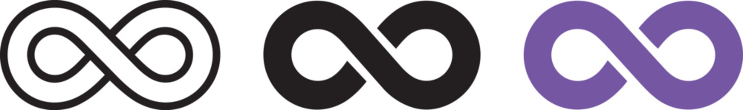Infinity loop symbol set showing continuous line and thick solid mathematical eternity graphics